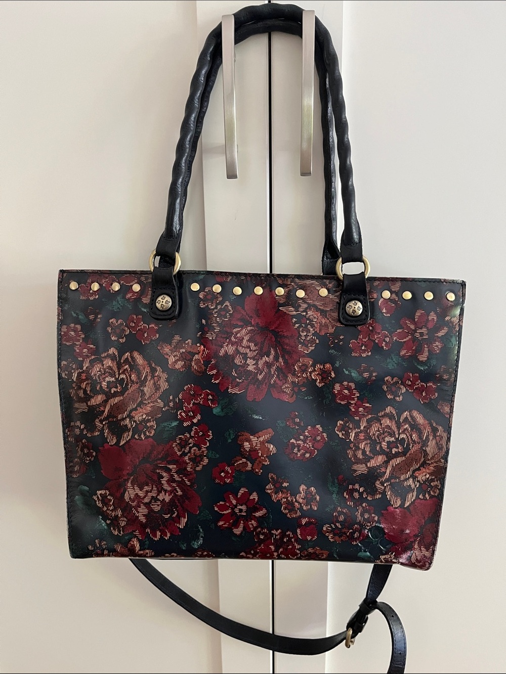 Patricia Nash Floral Pattern Black Tote Bag with Brass Stud Accents